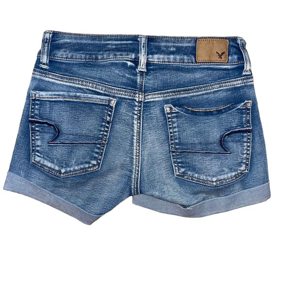 American Eagle Womens Cuffed Shorts 0 Midi Mid Rise Light Wash Embroidered Logo - Picture 4 of 7